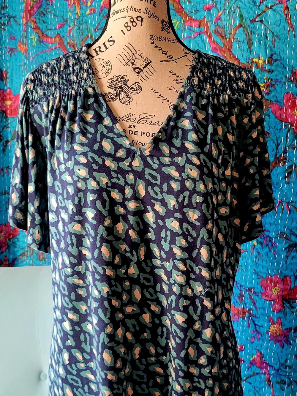 Style & Co. Navy V-Neck Leopard Print Blouse with Smocked Shoulders